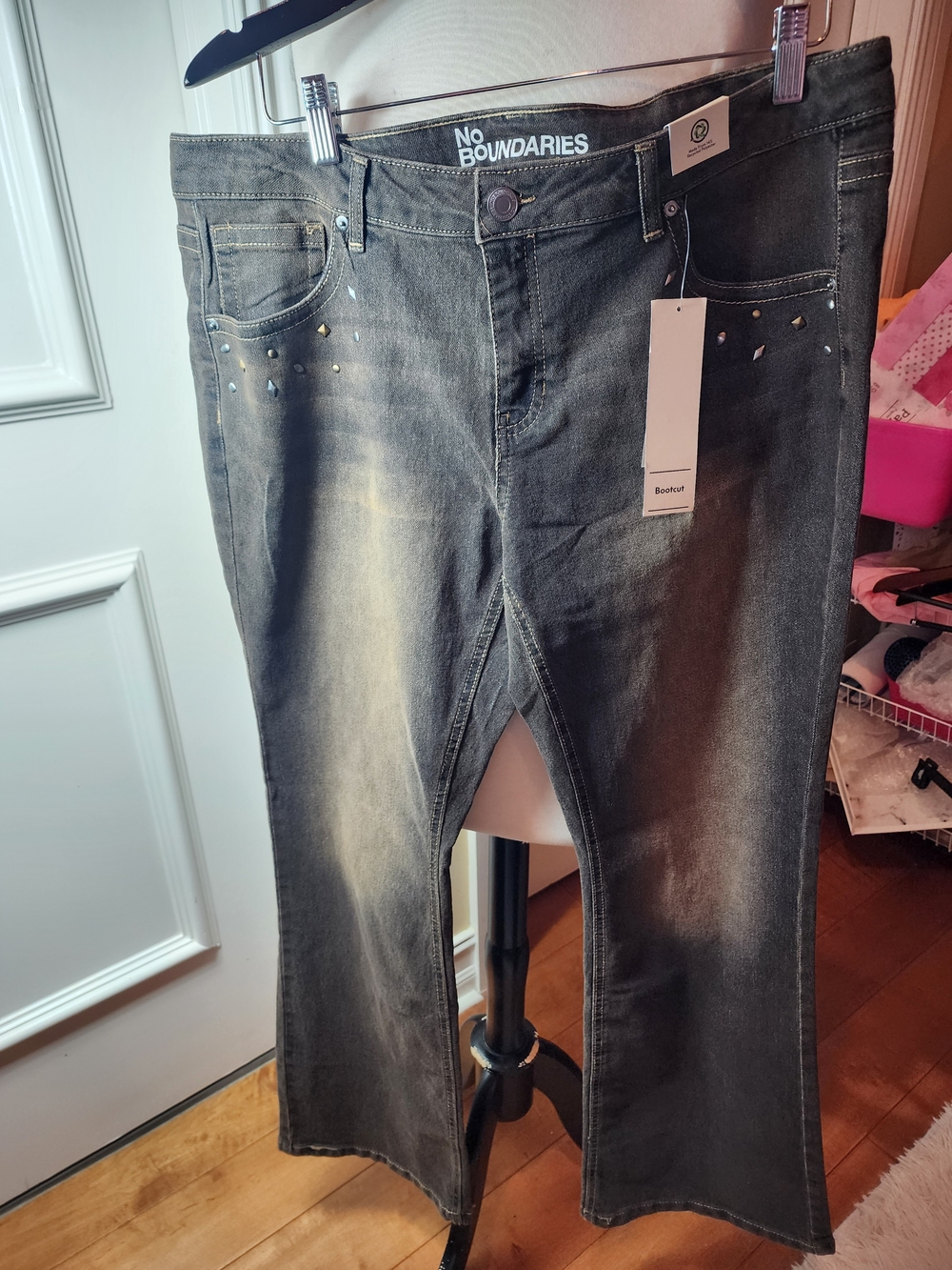 No Boundaries Women's Black Washed Bootcut Jeans with Stud Detail